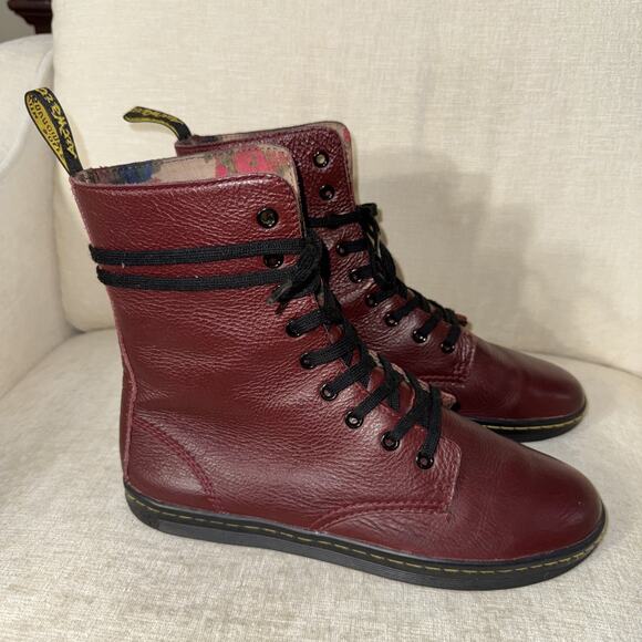 Dr. Martens Shoes - Dr. Martens STRATFORD Burgundy Leather Combat Boot Women 9, Floral Lined Maroon